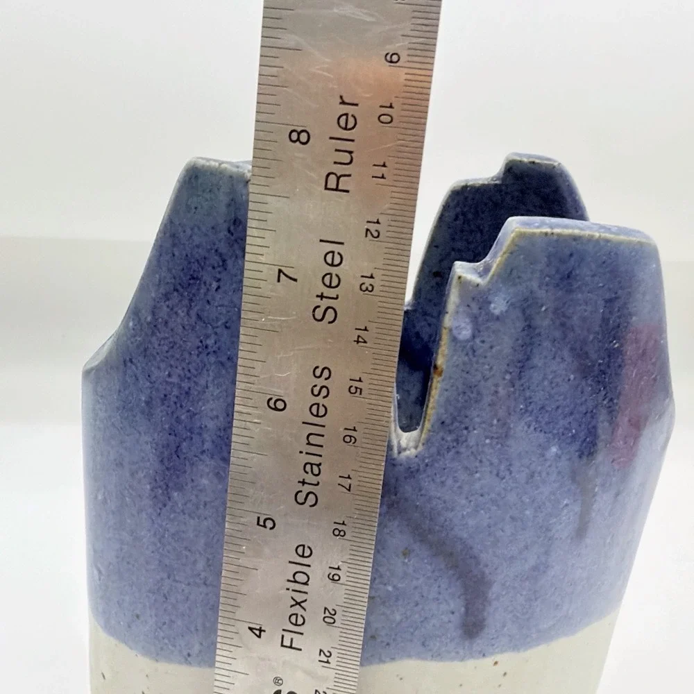 Blue And White Ceramic Pottery Vase Geometric Pierced Design Stamped Mark
